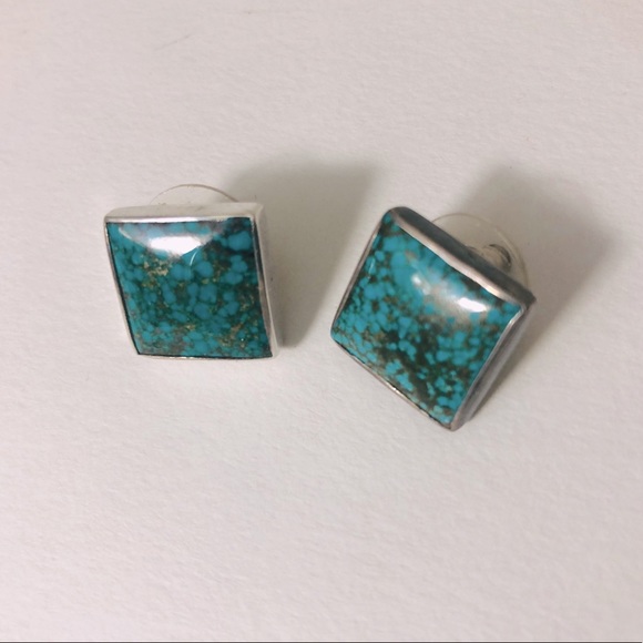 Turquoise Sterling Silver Square Earrings - Picture 2 of 9